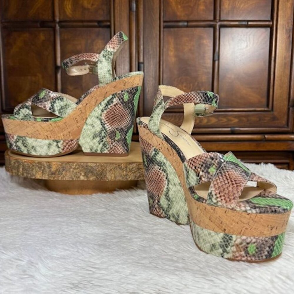 Jessica Simpson Jirie Green Combo Copper Snake Faux Leather Cork Wedge Sandal